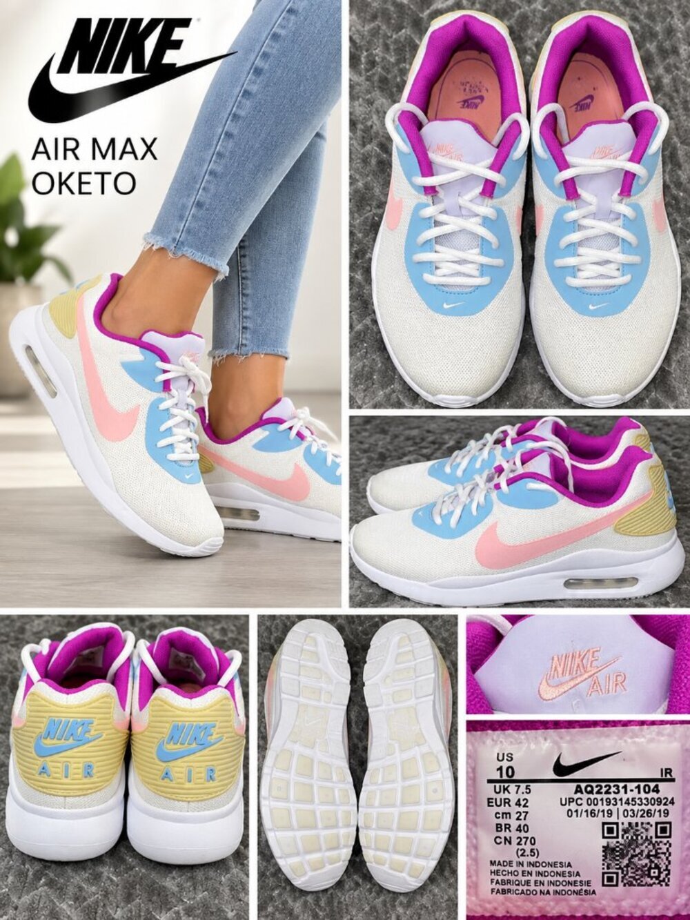 Nike Air Max Oketo Women’s 10 White Pink Blue Purple Sneakers AQ2231-104